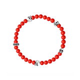 6mm Red Coral Bead Bracelet with 4 Skulls